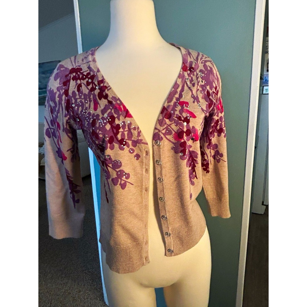 INC International Concepts Beige Purple Floral Knit Cardigan V-Neck Petite M